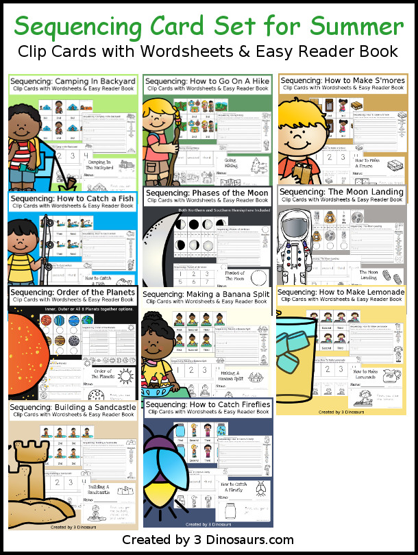 Sequencing Cards Set for Summer - Currently 4 different sets in a growing bundle with clip cards, task cards, no-prep worksheets and easy reader books $ - 3Dinosaurs.com #printablesforkids #sequencingforkids  #summerprintables #tpt #teacherspayteachers