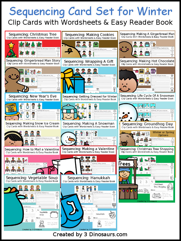 Sequencing Cards Set for Winter - 14 different sets in a growing bundle with clip cards, task cards, no-prep worksheets and easy reader books $ - 3Dinosaurs.com #printablesforkids #sequencingforkids #groundhogday #newyearseve #christmas #winterprintables #tpt #teacherspayteachers