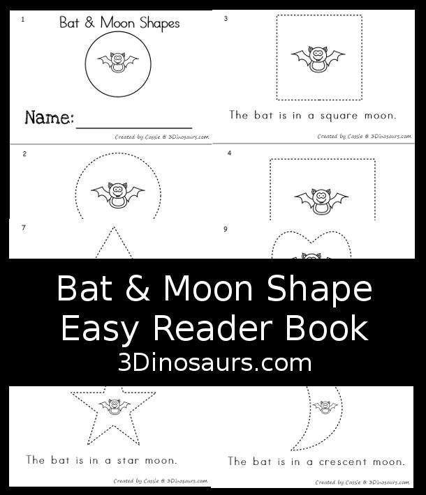 Free Bat & Moon Shape Easy Reader Book - a simple 10 page shape book with 9 shapes for kids to learn with a fun bat and moon theme - 3Dinosaurs.com