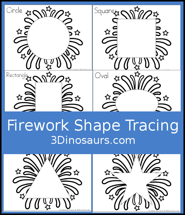 Free Firework Shape Tracing Printable with 9 shapes for kids to trace with a firework theme. Only one shape on each page - 3Dinosaurs.com