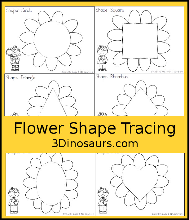 Free Flower Shape Tracing printables - with 9 fun shapes for kids to trace color and learn shape names - 3Dinosaurs.com