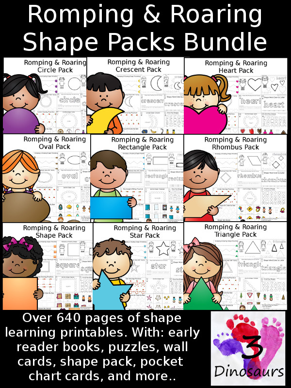 Romping & Roaring Shape Pack Bundle - over 640 pages of activities for 9 different shapes $ - 3Dinosaurs.com