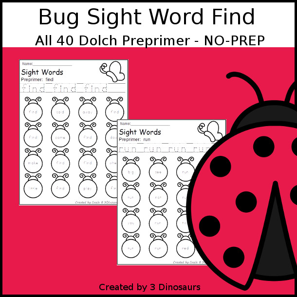 Bug Sight Word Find: Preprimer - easy to use no-prep printable - all 40 Dolch Preprimer sight words $ - 3Dinosaurs.com