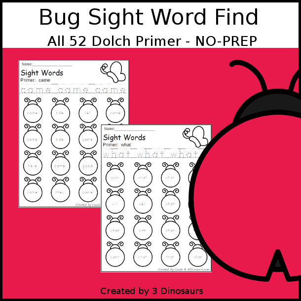 Bug Sight Word Find: Primer - easy to use no-prep printable - all 52 Dolch Primer sight words $ - 3Dinosaurs.com