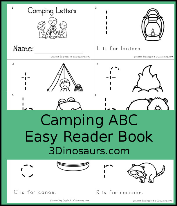 Free Camping Themed ABC Easy Reader Book - 10 page book with abc themes for a camping themes with tracing and reading - 3Dinosaurs.com