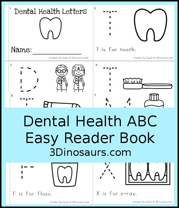 Free Dental Health ABC Easy Reader Book - with tracing uppercase letters and 7 themes in the book for kids to use in kindergarten and prek - 3Dinosaurs.com