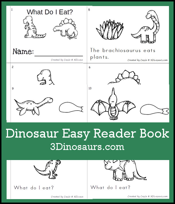 Free Dinosaur Themed Easy Reader book - 16 page book with dinosaur words with sight words eat, what - 3Dinosaurs.com