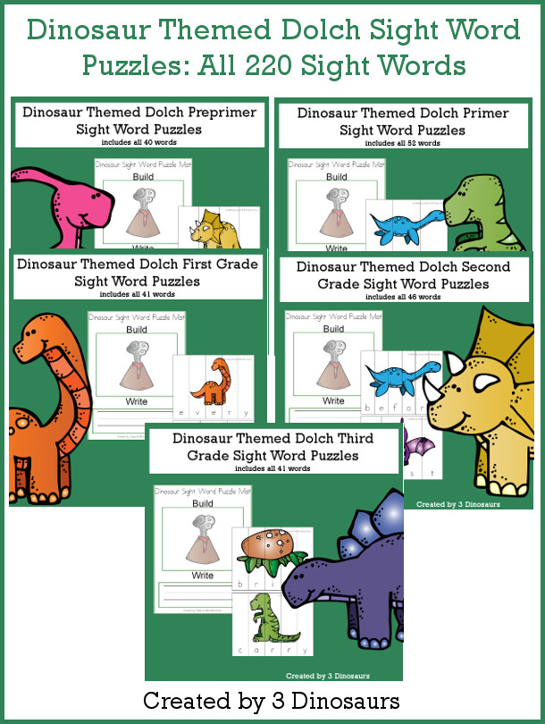 Dinosaur Sight Words Puzzle Bundle - all 220 Dolch Sight Words, build mat and recording sheet - 3Dinosaurs.com #sightwords #dinosaurforkids #puzzles #spelling
