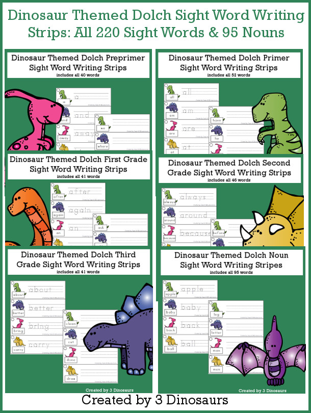 Dinosaur Sight Words Tracing Strips Bundle - all 220 Dolch Sight Words and 95 nouns, build mat and recording sheet - 3Dinosaurs.com #sightwords #dinosaurforkids #tracingpractice #writingpractice