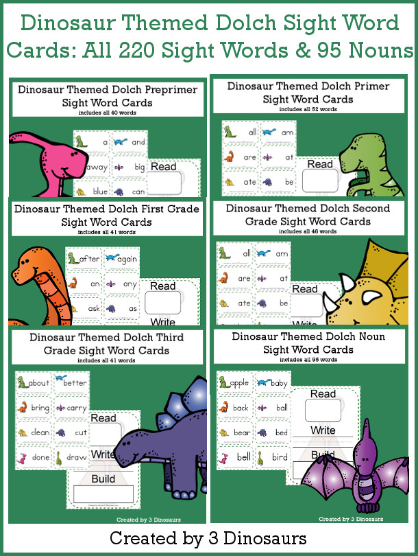 Dinosaur Sight Words & Nouns Cards Bundle - all 220 Dolch Sight Words and 95 nouns with read write and build mat - 3Dinosaurs.com #sightwords #dinosaurforkids #flashcards