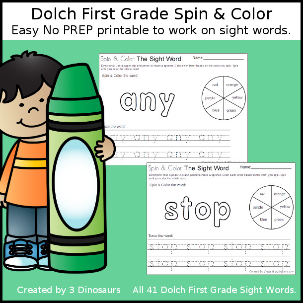 Spin & Color Dolch First Grade Sight Words - all 41 words in the Dolch First Grade $ - 3Dinosaurs.com