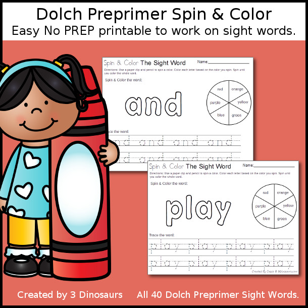 Spin & Color Dolch Preprimer Sight Words - all 40 words in the Dolch Preprimer $ - 3Dinosaurs.com
