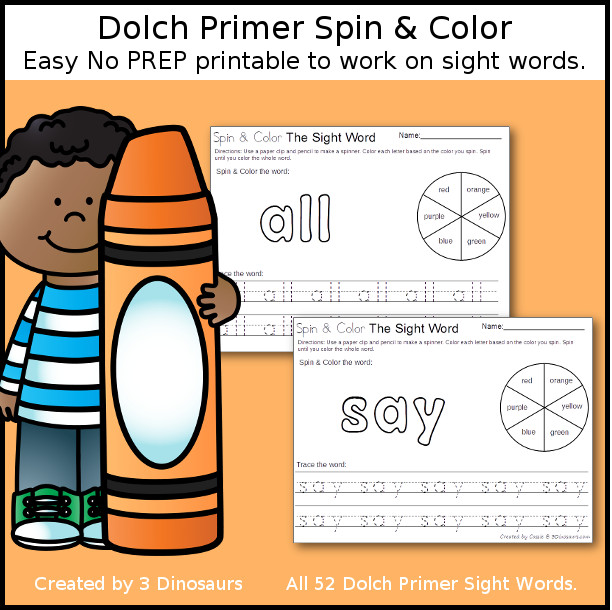 Spin & Color Dolch Primer Sight Words - all 52 words in the Dolch Primer $ - 3Dinosaurs.com