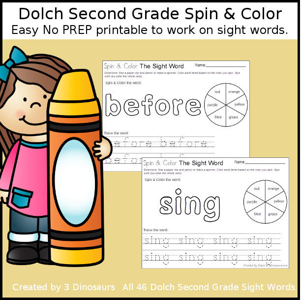 Spin & Color Dolch Second Grade Sight Words - all 46 words in the Dolch Second Grade $ - 3Dinosaurs.com