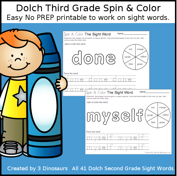 Spin & Color Dolch Third Grade Sight Words - all 41 words in the Dolch Third Grade $ - 3Dinosaurs.com