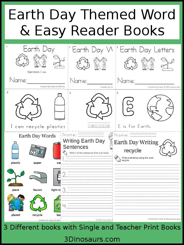 Earth Day Word & Easy Reader Books - 3 book options with teacher print version also includes Earth Day vocab chart and writing $3 - 3Dinosaurs.com