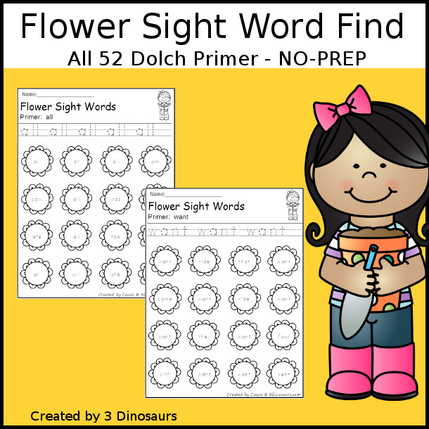 Flower Sight Word Find: Primer - easy to use no-prep printable $ - 3Dinosaurs.com