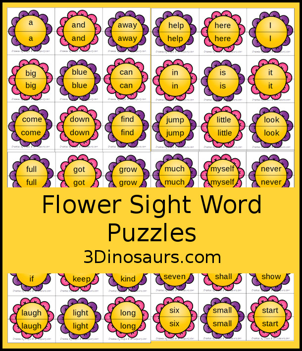 Free Spring Themed Flower Sight Word Matching Puzzles with 220 Sight Words - with two-piece matching puzzles for all 220 Dolch Sight words. A very fun way to work on sigh words - 3Dinosaurs.com