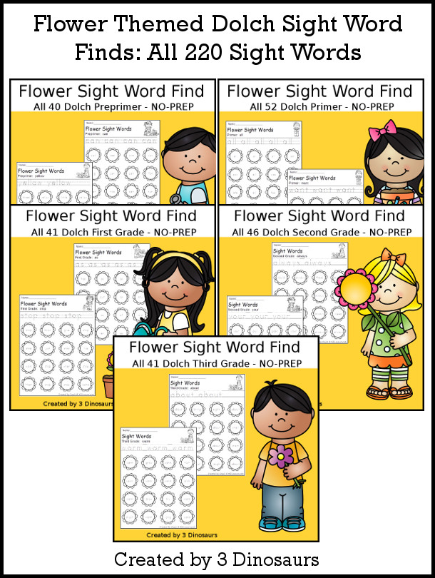 Flower Themed Sight Word Find - with tracing the sight words and then finding the sight word on the flower. There are 220 sight words in the set - 3Dinosaurs.com