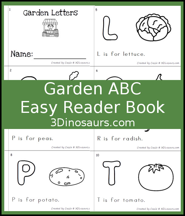 Free Garden Themed ABC Easy Reader Book - 10 page books with letters and words that have a garden veggies theme - 3Dinosaurs.com