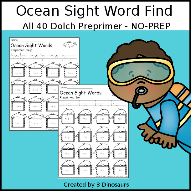 Ocean Sight Word Find: Preprimer - easy to use no-prep printable - all 40 Dolch Preprimer sight words $ - 3Dinosaurs.com