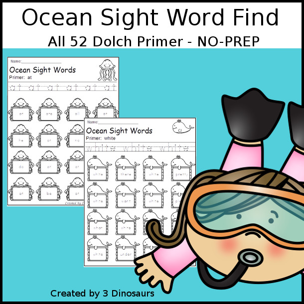 Ocean Sight Word Find: Primer - easy to use no-prep printable - all 52 Dolch Primer Sight Words $ - 3Dinosaurs.com
