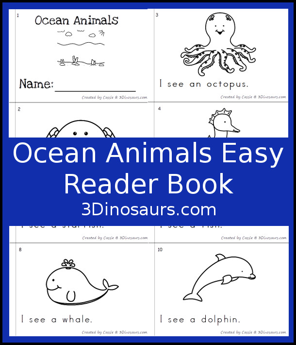 Free Ocean Animals Easy Reader Book - a fun 10 page book that has 9 different ocean animals - 3Dinosaurs.com