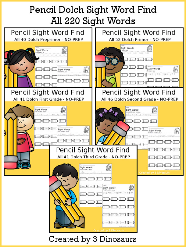 Pencil Sight Word Finds - with all 220 Dolch Sight Words with cards sorting by sight word list - no-prep sight word printable for kids to use - 3Dinosaurs.com