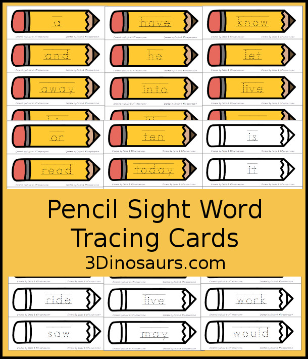 Free Pencil Sight Word Tracing Cards - with all 220 dolch sight words with color and black and white options - 3Dinosaurs.com