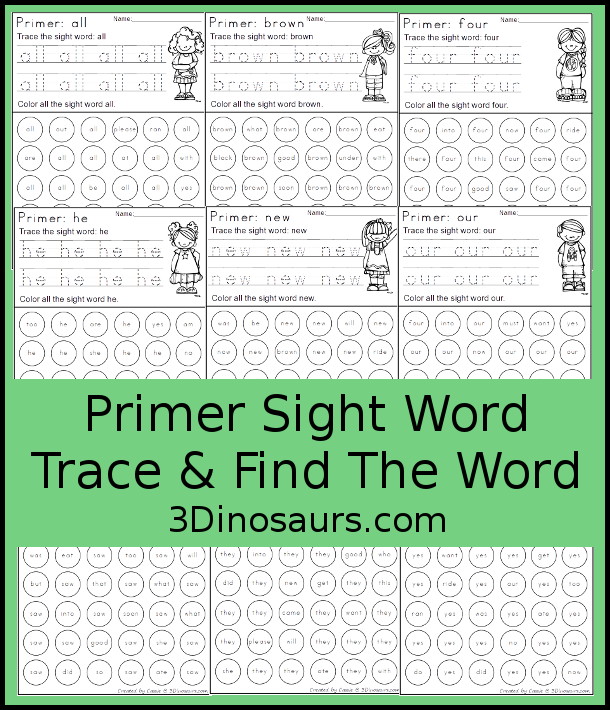 Free Primer Sight Word Trace & Dot the Word - 3Dinosaurs.com