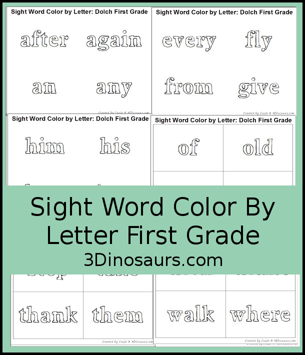 Free Sight Word Color by Letter: Dolch Sight Words: First Grade - all 41 sight words with a page type and a card type coloring - 3Dinosaurs.com