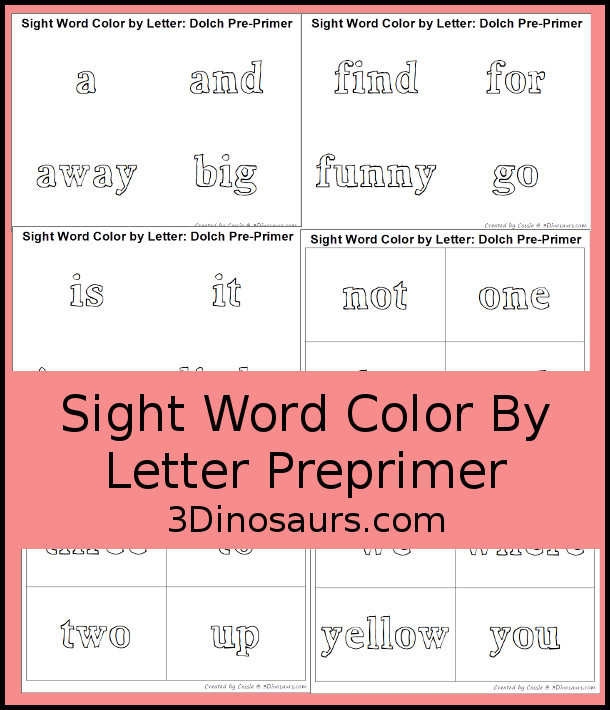 Free Sight Word Color by Letter: Dolch Sight Words: Preprimer - all 40 sight words with a page type and a card type coloring - 3Dinosaurs.com