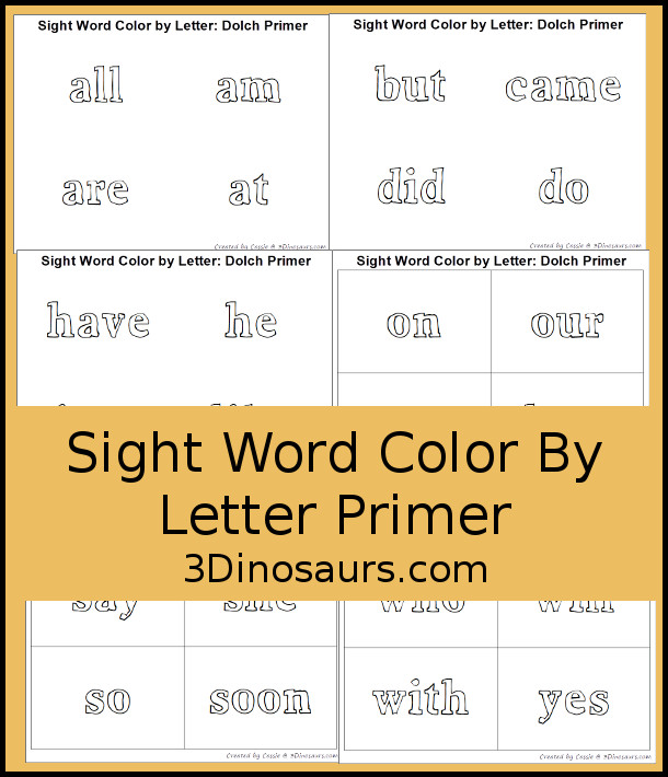 Free Sight Word Color by Letter: Dolch Sight Words: Primer - all 52 sight words with a page type and a card type coloring - 3Dinosaurs.com