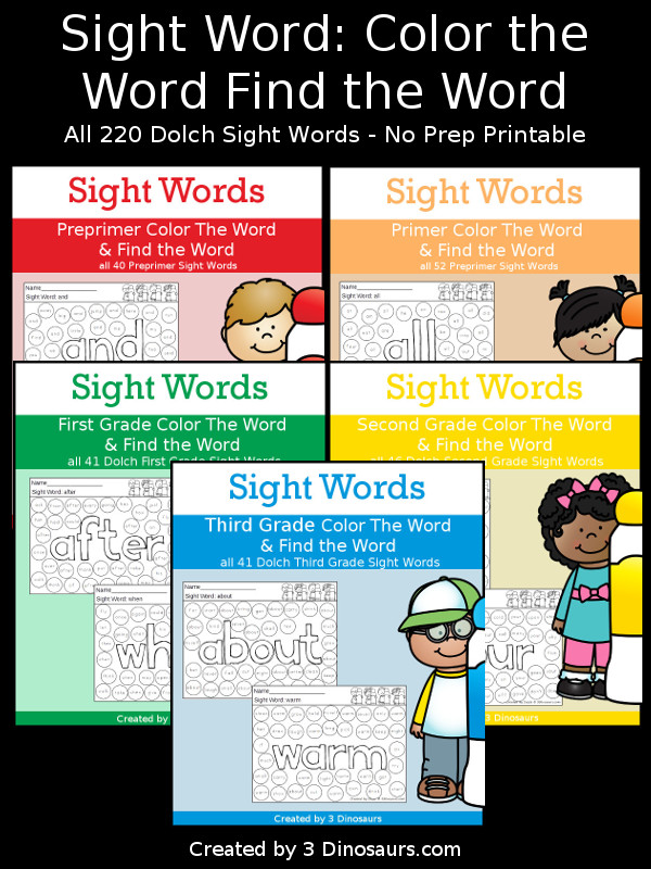 Sight Word Color The Word & Find the Word Bundle with all 220 words: Preprimer, Primer, First Grade, Second Grade and Third Grade. You have to color the sight word and then dot find the sight word - 3Dinosaurs.com
