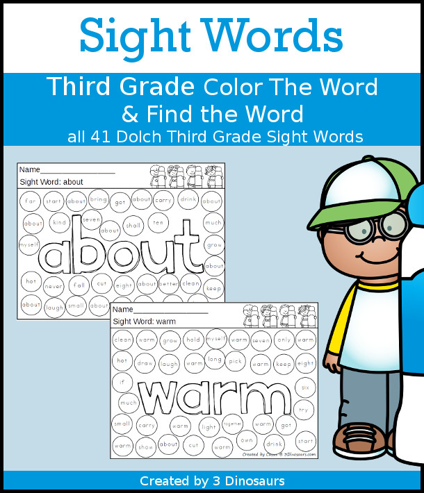 Sight Word Color The Word & Find the Word: Third Grade with all 41 third Grade sight words. You have color the sight word and then dot find the sight word - 3Dinosaurs.com