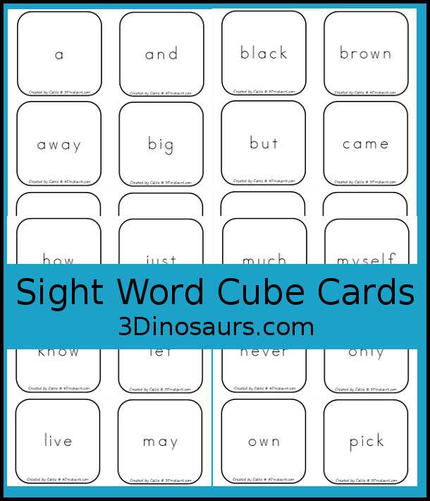 Free Cube Sight Word Flashcards - All 220 Dolch Sight Words - 6 cube cards on each page with cards for eash Dolch sight word list: preprimer, primer, first grade, second grade, and third grade - 3Dinosaurs.com