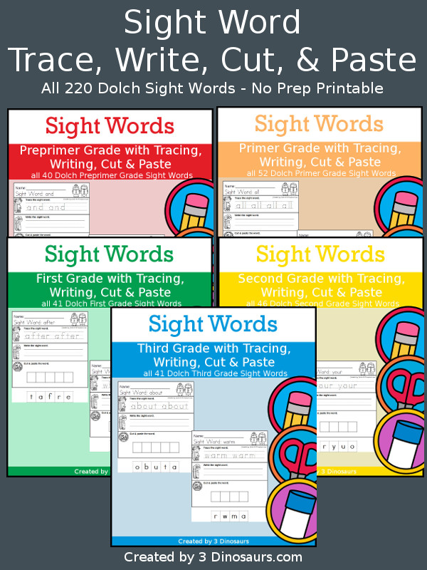Sight Word Color The Word & Find the Word Bundle with all 220 words: Preprimer, Primer, First Grade, Second Grade and Third Grade. You have color the sight word and then dot find the sight word - 3Dinosaurs.com