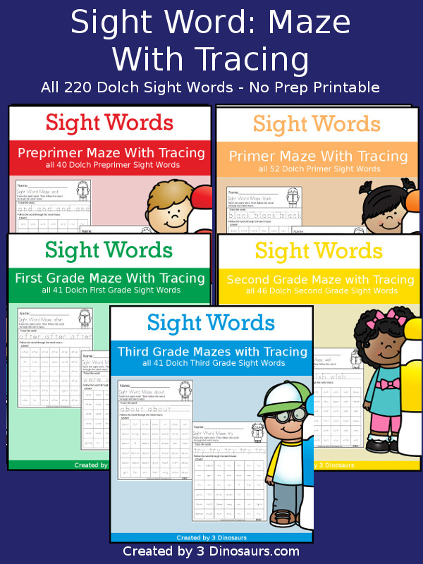 No-Prep Sight Word Maze & Tracing Bundle - has all 220 Dolch Sight Words: Preprimer, Primer, First Grade, Second Grade in an easy to use tracing with word maze or path - 3Dinosaurs.com