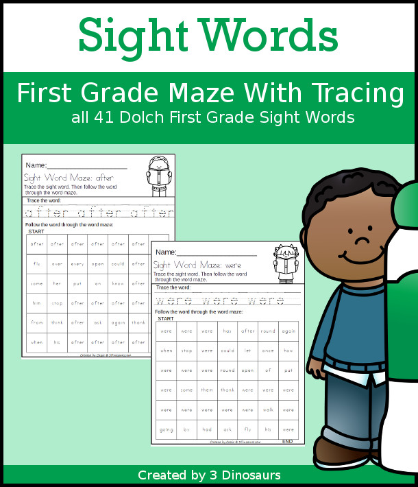 No-Prep Sight Word Maze & Tracing: First Grade - has all 41 sight words in a no-prep printable with tracing and word maze - 3Dinosaurs.com