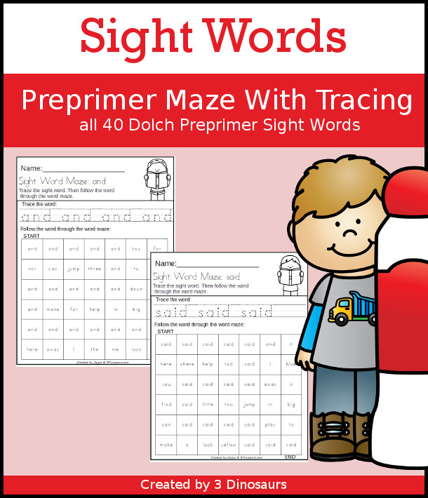 No-Prep Sight Word Maze & Tracing: Preprimer - has all 40 sight words in a no-prep printable with tracing and word maze - 3Dinosaurs.com