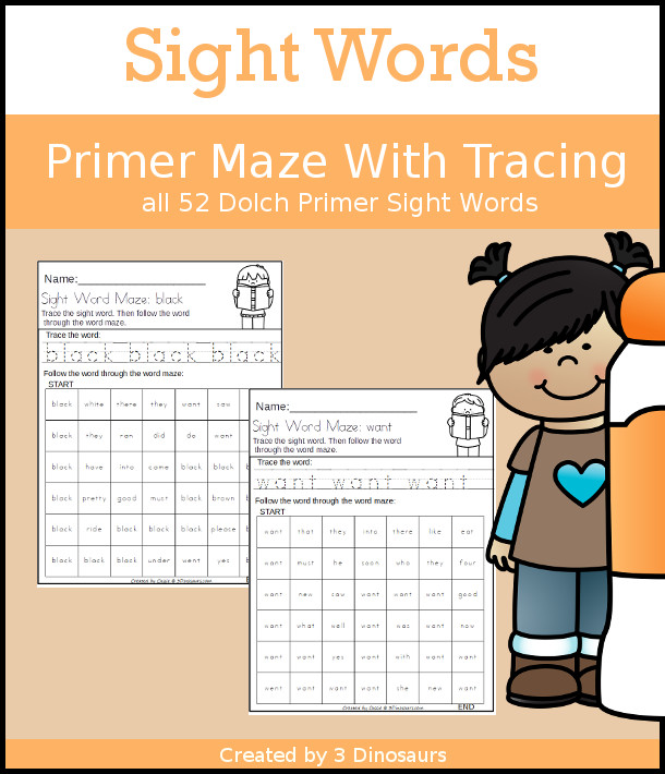 No-Prep Sight Word Maze & Tracing: Primer - has all 52 sight words in a no-prep printable with tracing and word maze - 3Dinosaurs.com