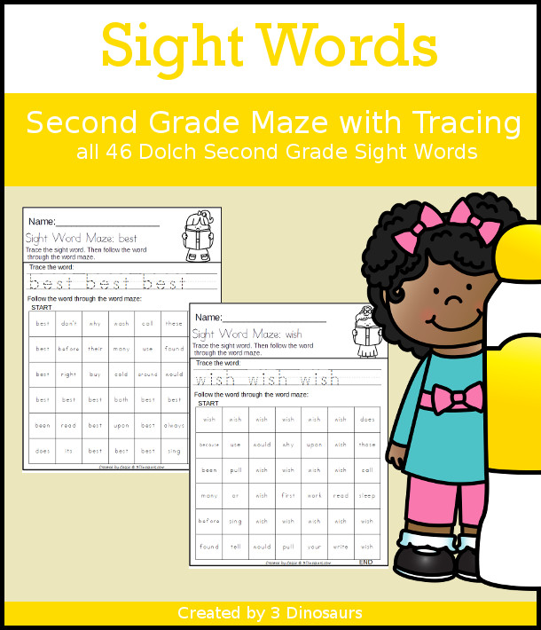 No-Prep Sight Word Maze & Tracing: Second Grade - has all 46 sight words in a no-prep printable with tracing and word maze - 3Dinosaurs.com