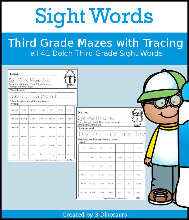 No-Prep Sight Word Maze & Tracing: Third Grade - has all 41 sight words in a no-prep printable with tracing and word maze - 3Dinosaurs.com
