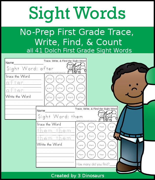 No-Prep Sight Word Trace, Write, Find & Count: First Grade  - has all 41 Dolch Sight Words: First Grade in an easy to use trace, write, find and count for each sight word - 3Dinosaurs.com