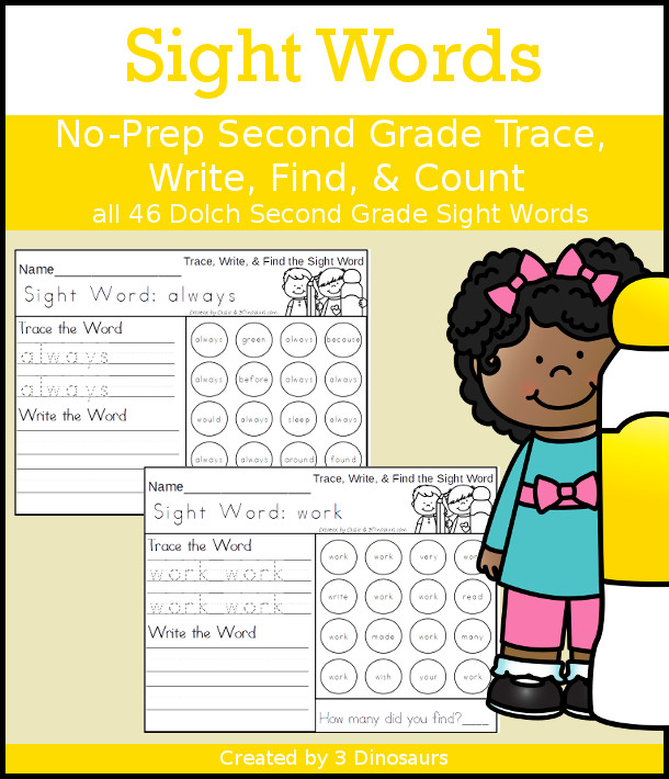 No-Prep Sight Word Trace, Write, Find & Count: Second Grade - has all 46 Dolch Sight Words: Second Grade in an easy to use trace, write, find and count for each sight word - 3Dinosaurs.com