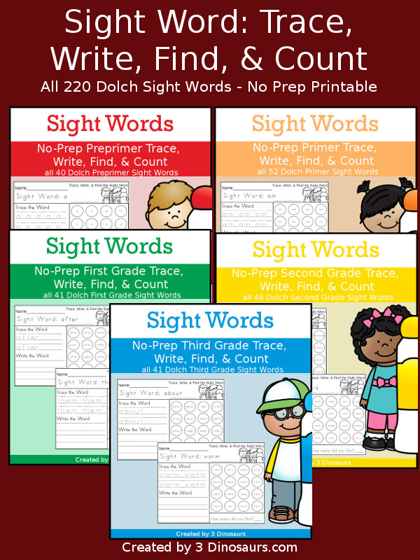 No-Prep Sight Word Trace, Write, Find & Count Bundle - has all 220 Dolch Sight Words: Preprimer, Primer, First Grade, Second Grade, and Third Grade in an easy to use trace, write, find and count for each sight word - 3Dinosaurs.com
