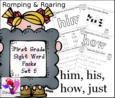 Romping & Roaring First Grade Sight Words Set 5: Him, His, How, Just - 3Dinosaurs.com