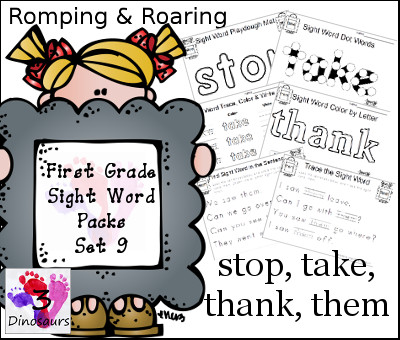 Romping & Roaring First Grade Sight Words Set 9: stop, takes, thank, them - 3Dinosaurs.com