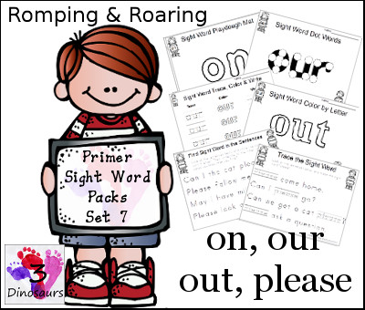 Romping & Roaring Primer Sight Words: on, our, out, please - 3Dinosaurs.com