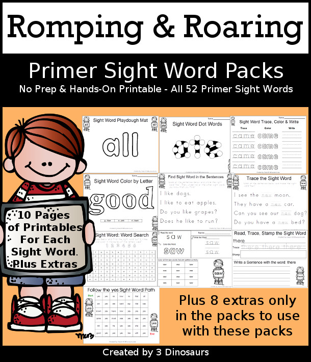 Romping & Roaring Primer Sight Word Packs - all 52 words together in nice package with 10 activities for each work PLUS extras only in the set - 3Dinosaurs.com